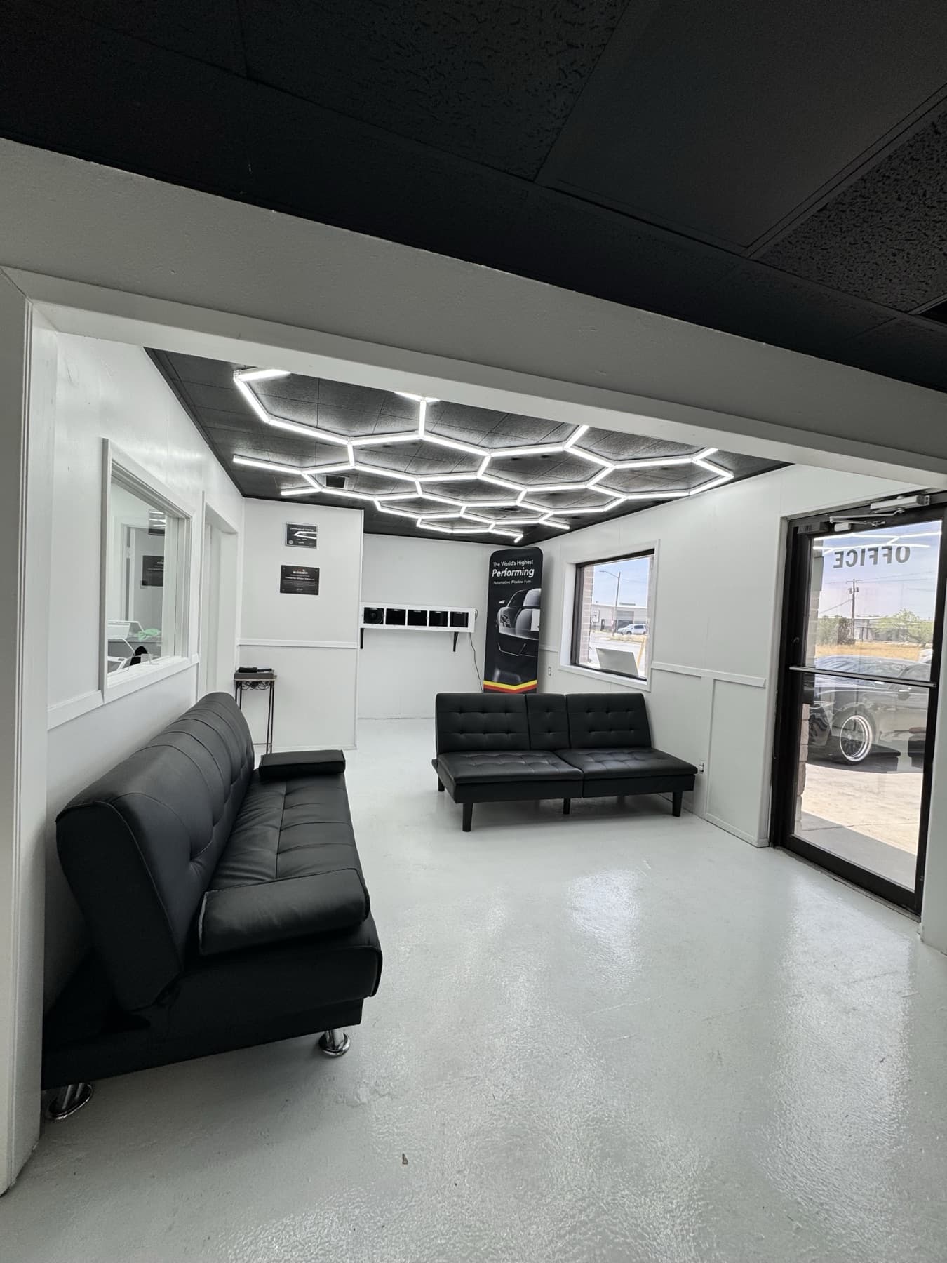 Wide view of the Presidential Tint waiting room and front entrance.